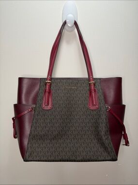 Michael Kors Brown MK Monogram Tote with Burgundy Trim